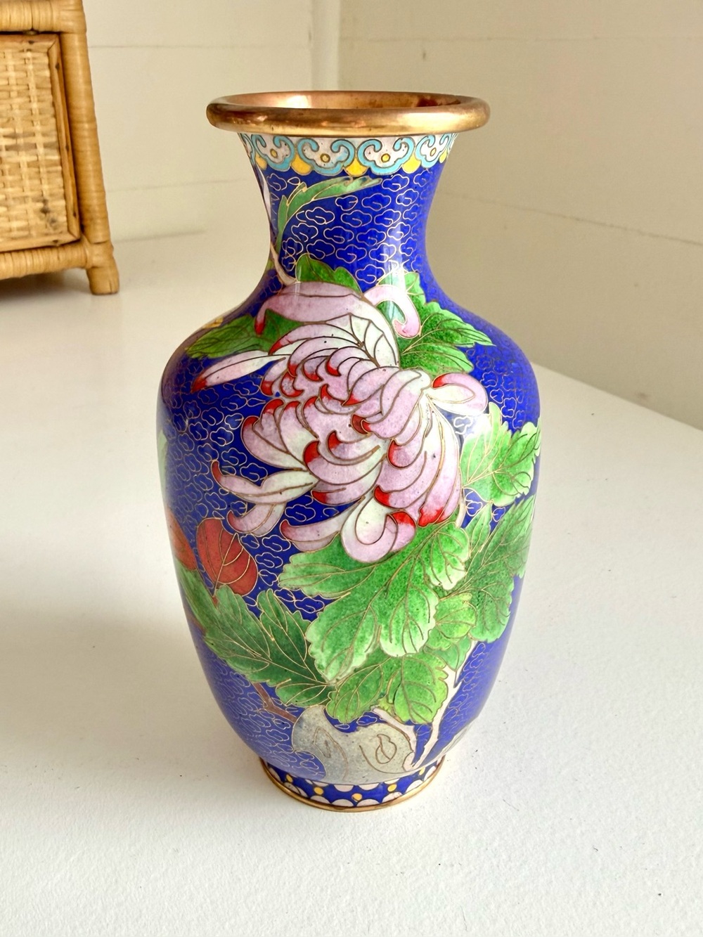 Vintage Blue Cloisonné Floral Vase Butterfly Cobalt Copper